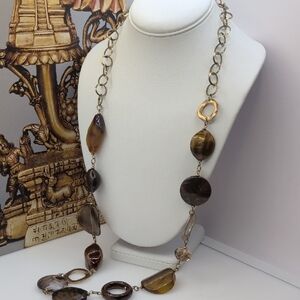 Chico's Gold and Brown Statement Necklace with Polished Stones
